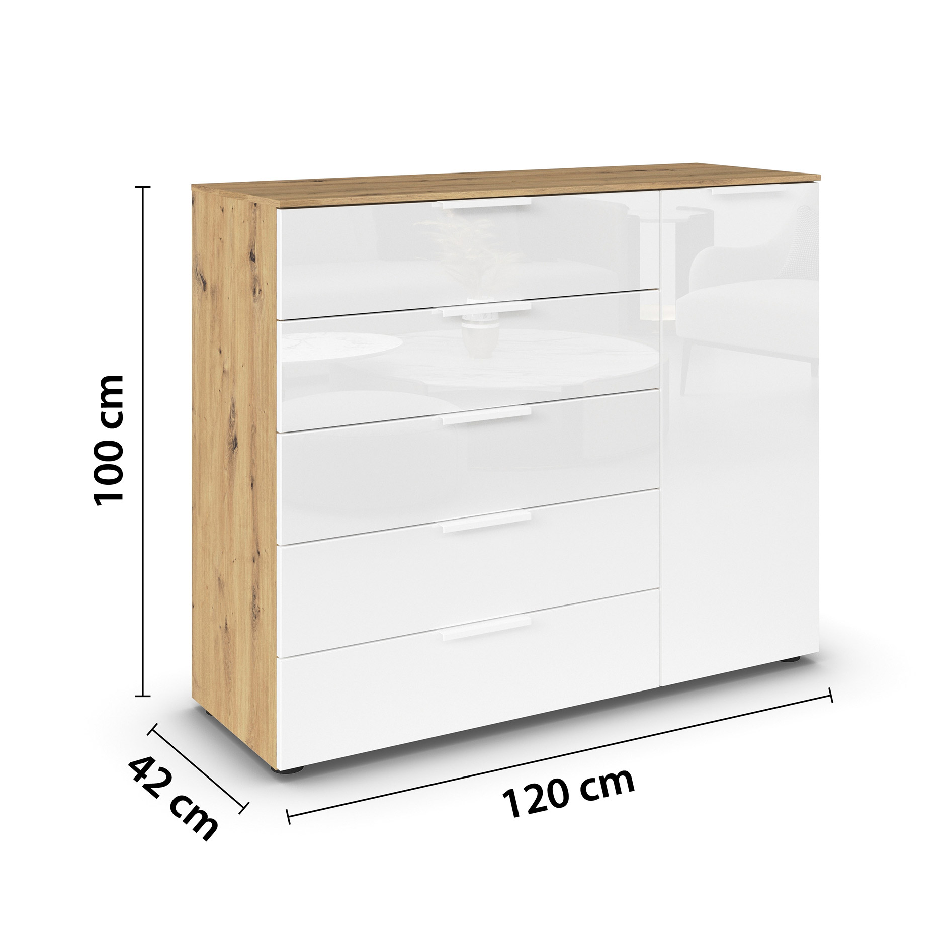 Kommode - Artisan Eiche-Kristallweißglas - weiße Griffe - 120 cm