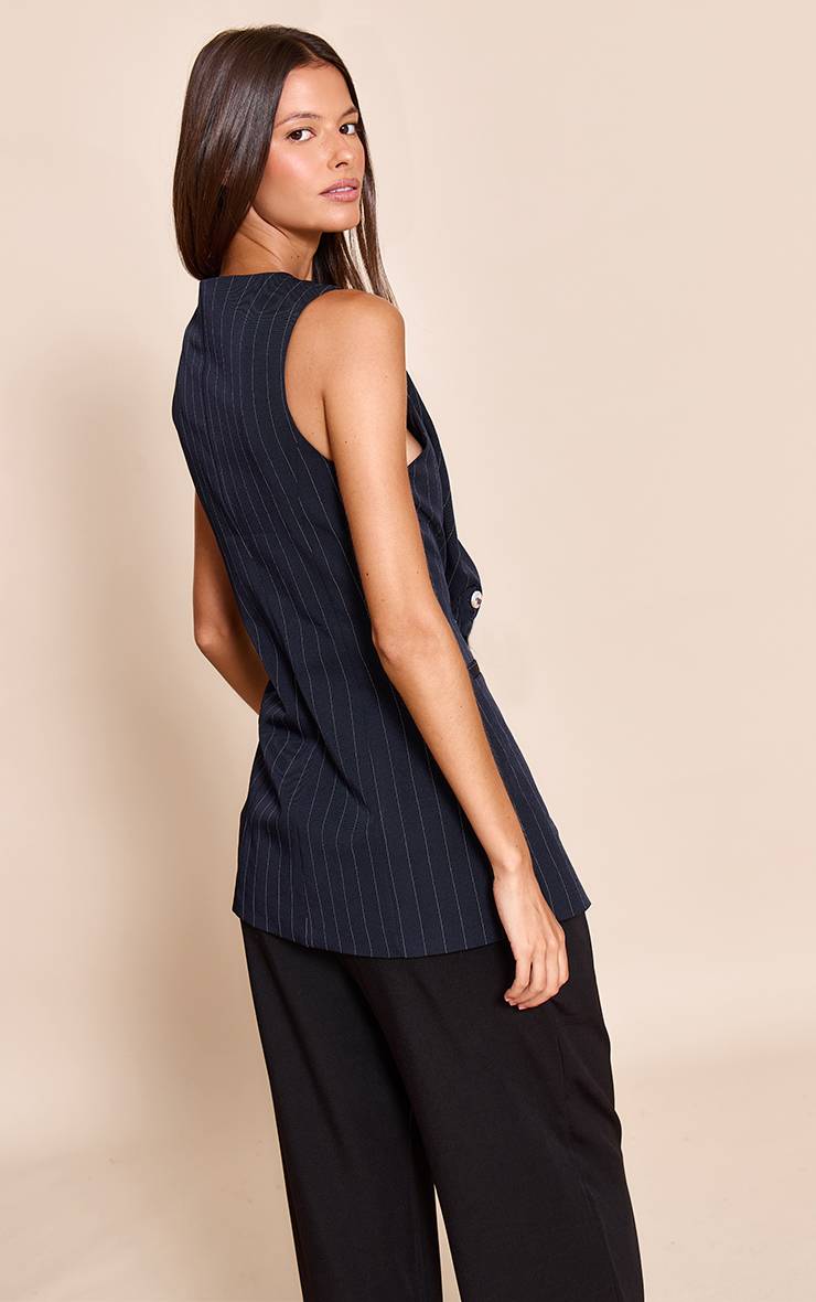Navy And White Gilet Boutonné À Fines Rayures