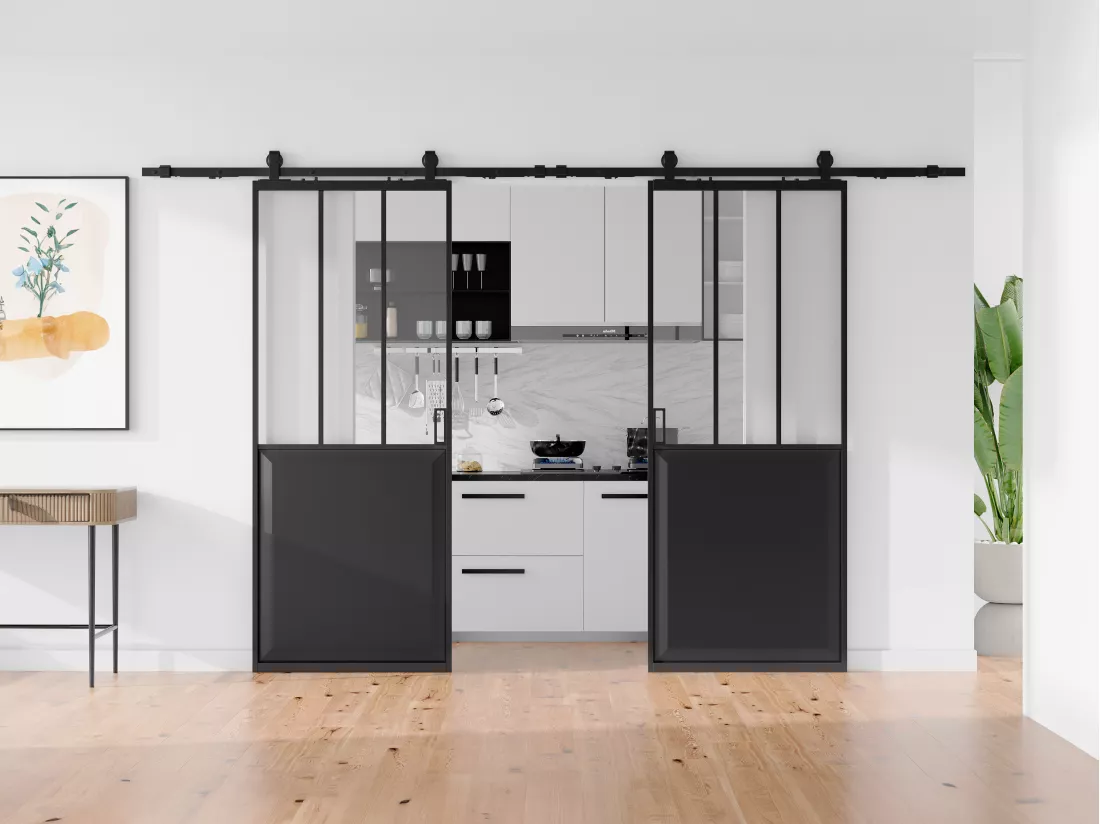 Porte coulissante double atelier avec système en applique - Noir et verre trempé - 2 x H205 x L83 cm - ARTISTO II