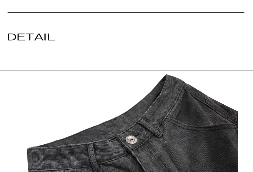 kooklay - Mid Rise Washed Fray Panel Wide Leg Cargo Jeans