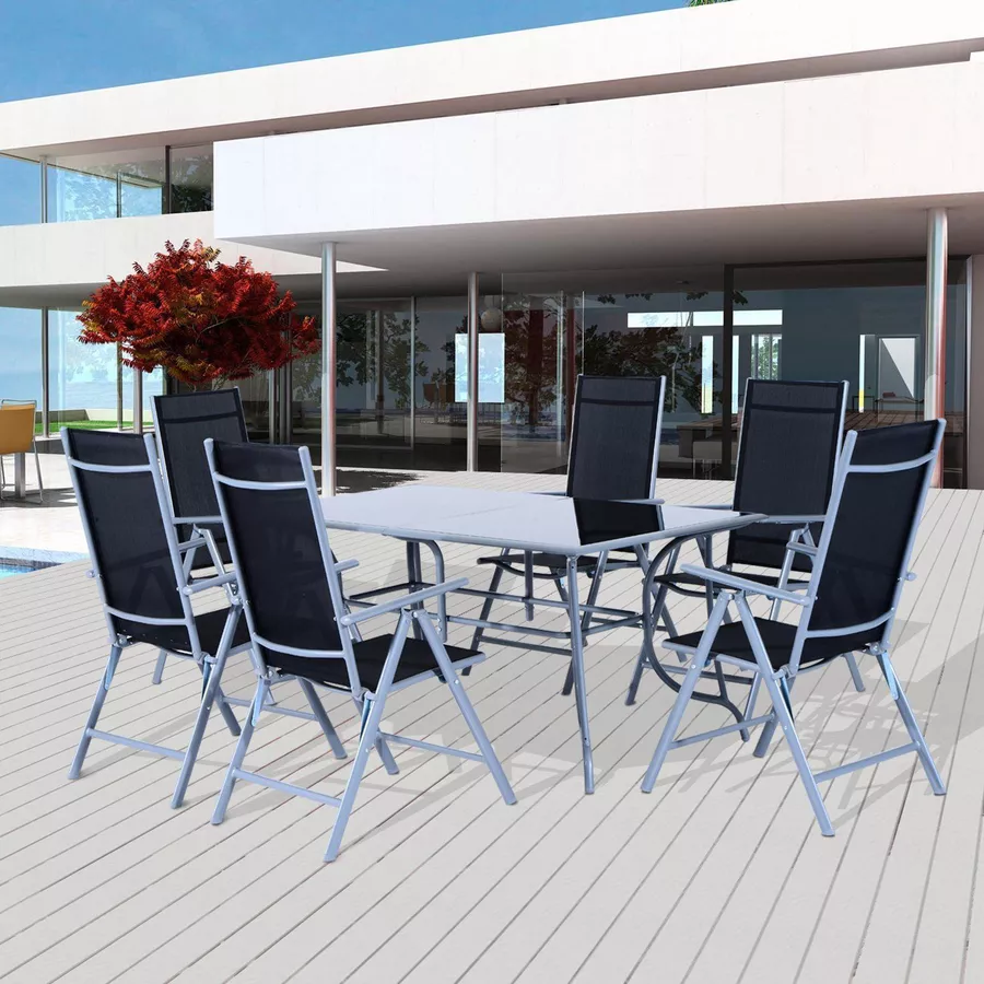 Outsunny Gartensitzgruppe mit 6 Stühlen schwarz, silber