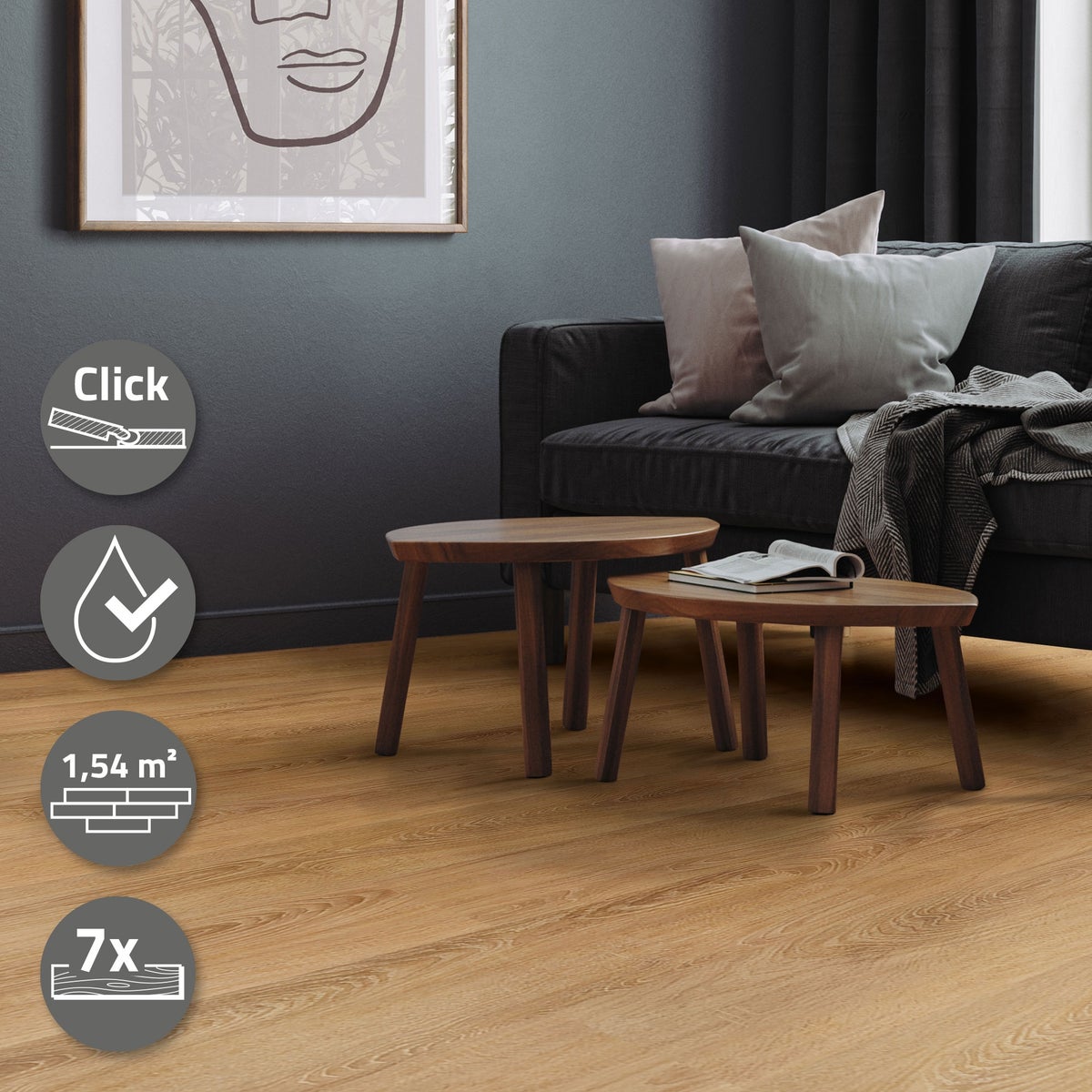 ML-Design Deluxe PVC-vloer, Click Vinyl Planken, Vinylvloer, 122 cm x 18 cm x 4,2 mm, Dikte 4,2 mm, 1,54 m²/7 Planken, Zandbank Eiken, Bruin, Houtlook, Slipvast, Waterdicht, Belastingsklasse 34