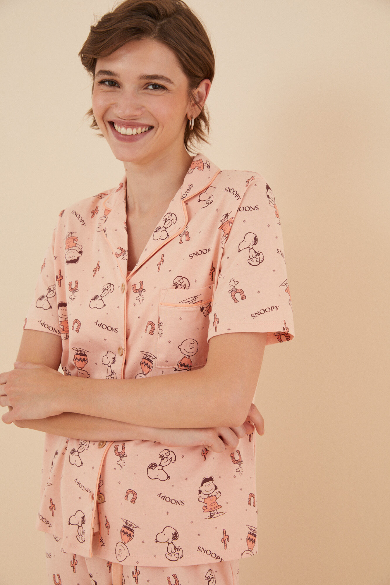 Pijama estilo camisa Snoopy rosa 100% algodão