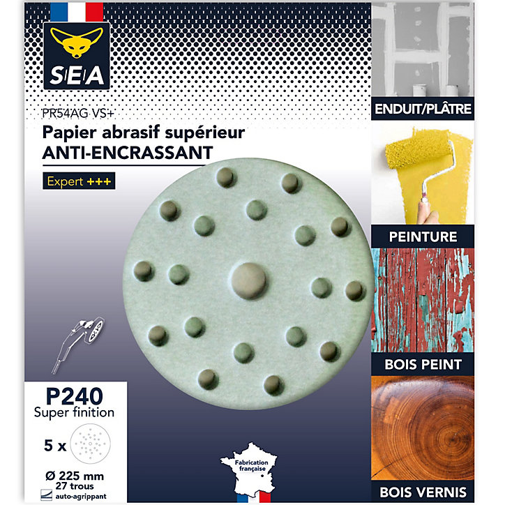 Papier abrasif corindon ø225 mm grain 240 anti-encrassement, lot de 5