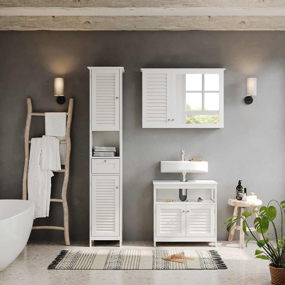 Vicco Hochschrank Riad, 32 x 170 cm, Weiß, 2 Türen, 1 Schublade, Badschrank, Badezimmer