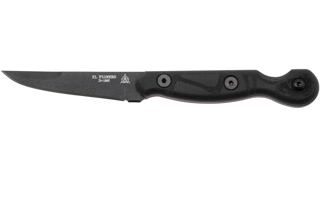 TOPS Knives El Pionero ELPO-02, 1095 Black Traction, Black Linen Micarta, Blackout Edition, vaststaand mes, Ed Calderon design