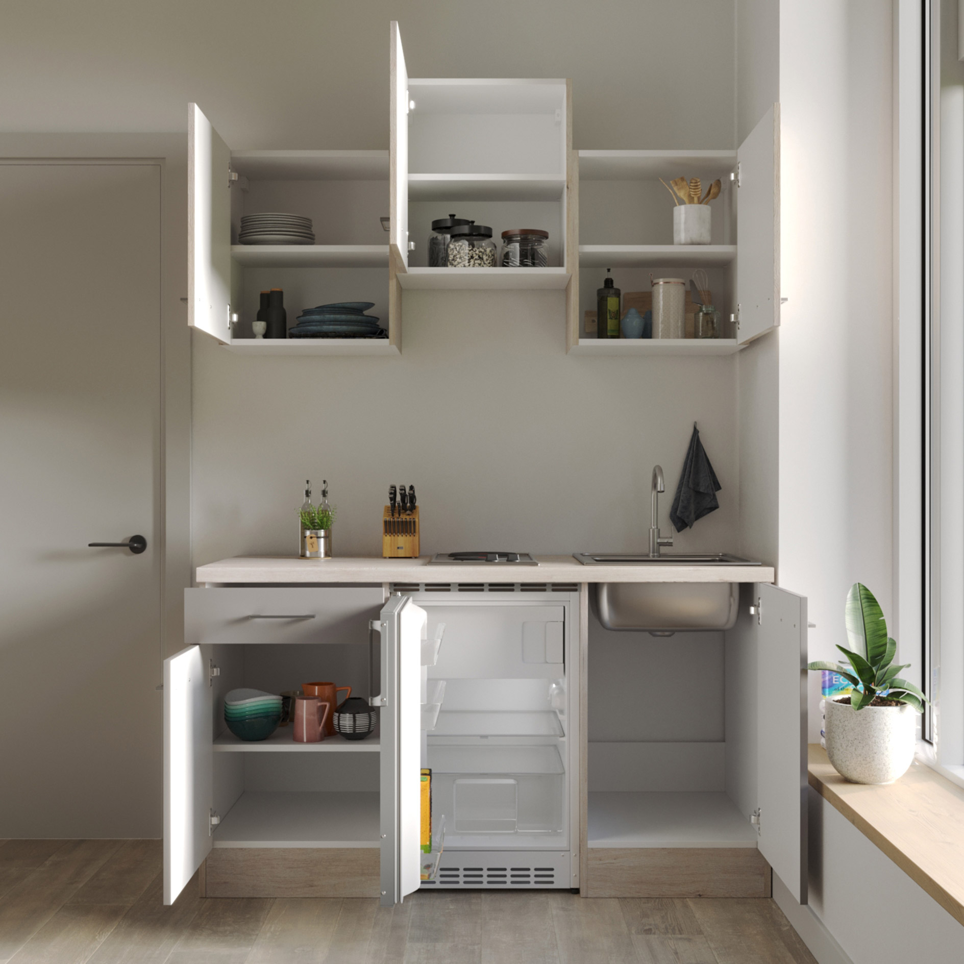 Küchenblock RIVA - Quarz Cubanit - San Remo Eiche hell - mit E-Geräten - 150 cm