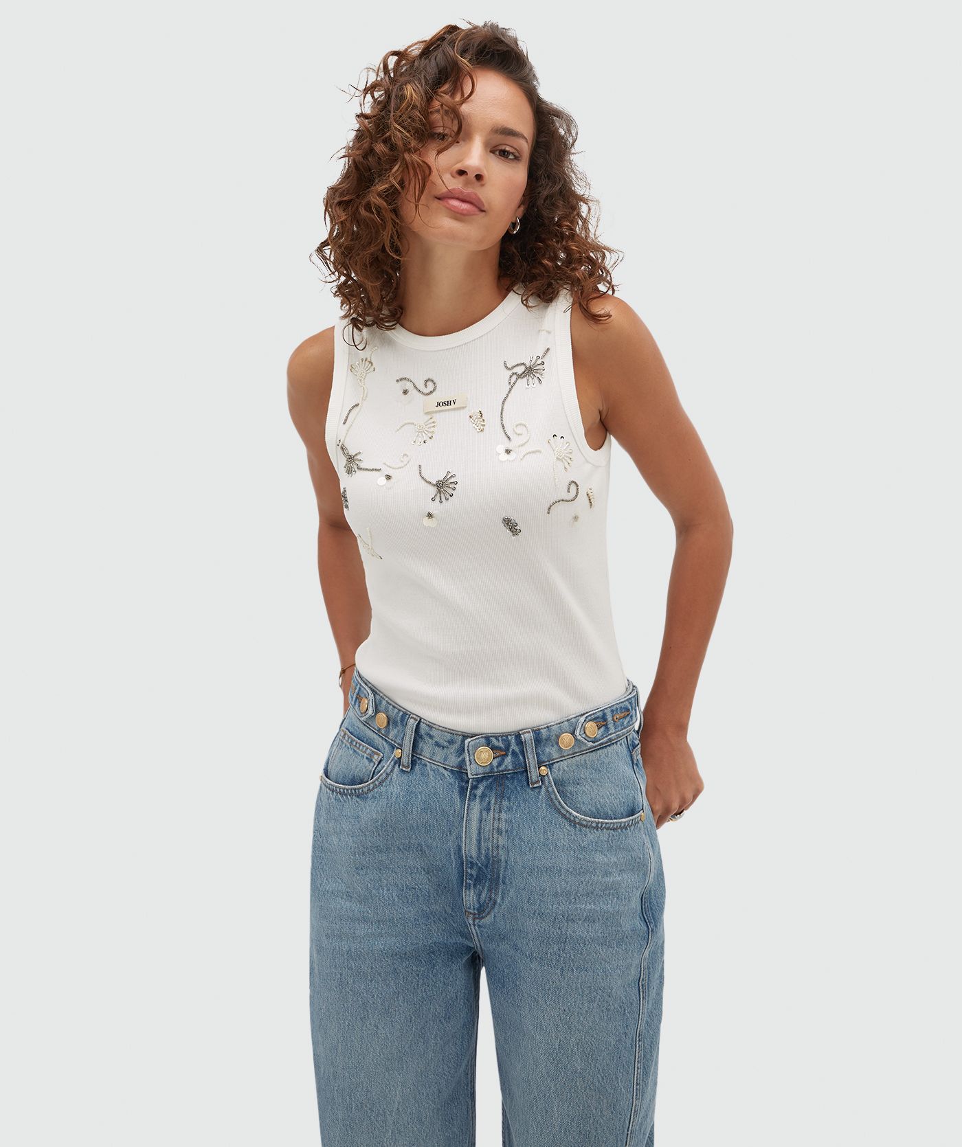 JV-CALIX slim fit top met kralen details - off white