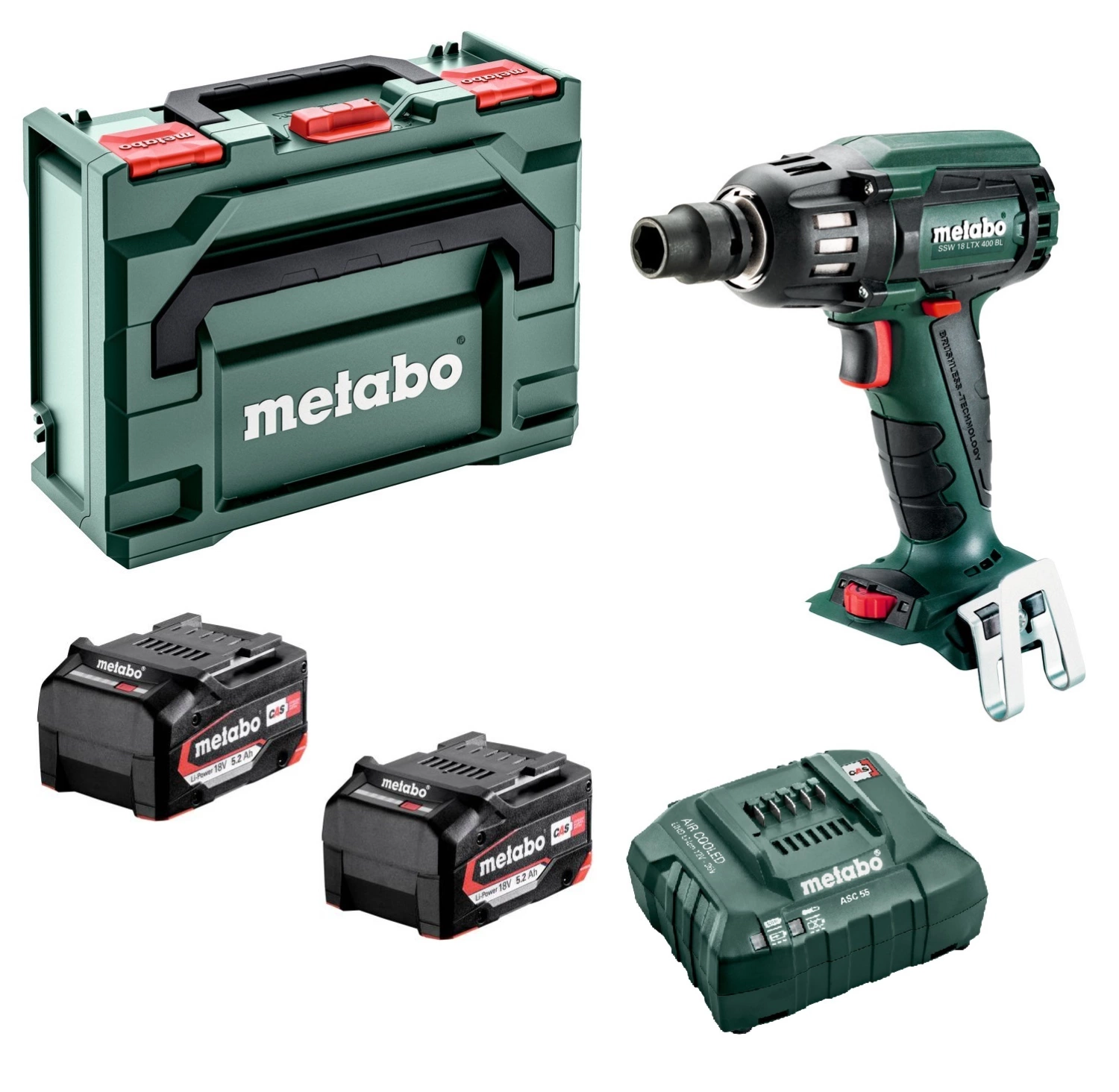 Metabo SSW 18 LTX 400 BL 18V Li-Ion Accu slagmoersleutel set (2x Li-Power 5.2Ah accu) in metaBOX - 400Nm - 1/2