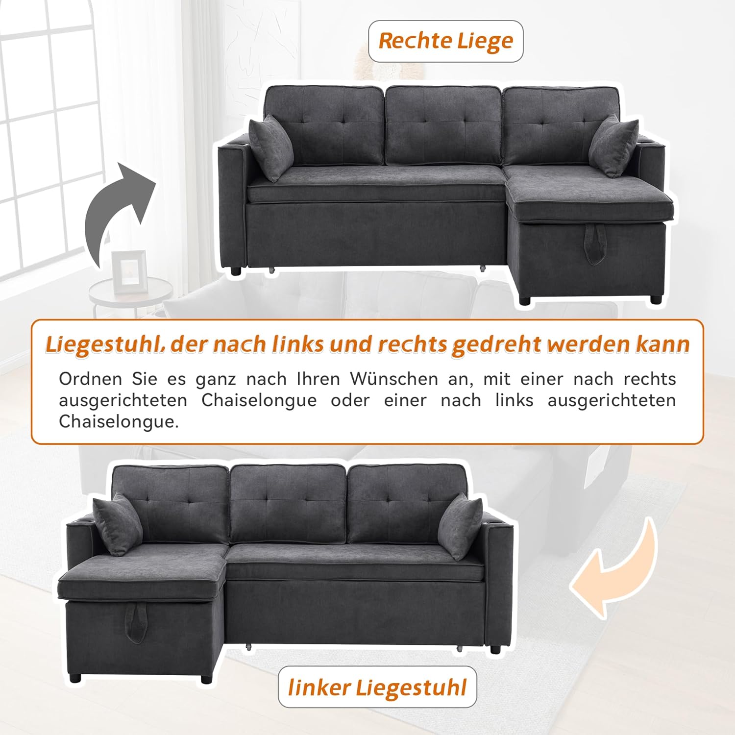 Bladez L-förmiges Schlafsofa mit Stauraum Getränkehalter austauschbare Chaise Longue Modernes Ecksofa Wohnzimmer Sofa Baumwoll-Leinen (Grau, 3 Sitzer)