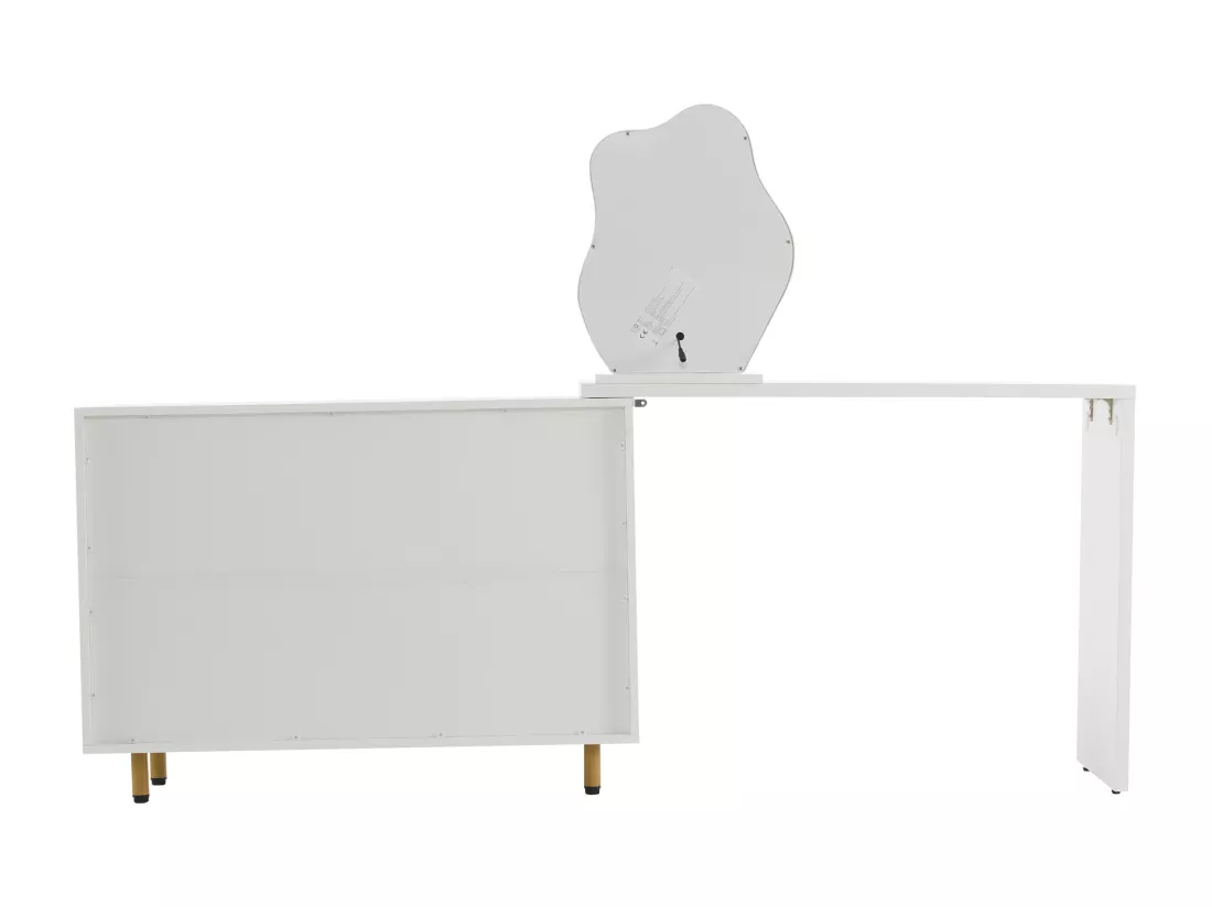 Coiffeuse pivotante escamotable avec miroir à LED - 4 tiroirs et 3 compartiments - Blanc (tabouret non inclus)