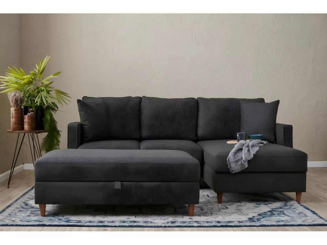 Canapé d'angle à droite convertible avec pouf-coffre Evania Tissu Gris anthracite
