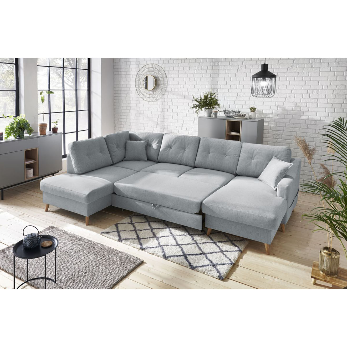 Bobochic Canapé d'angle panoramique convertible droit Sweden gris clair - 300x149/90/198x95 cm