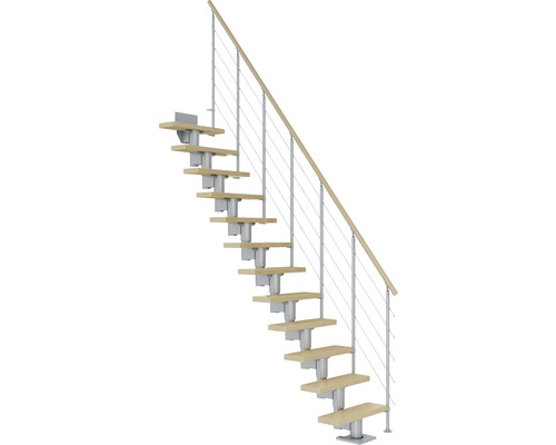 Pertura Spiros middentrap, parelgrijs, recht, 75 cm, leuning van gelamineerd esdoornhout, gelakt, 11 treden / 12 stootborden