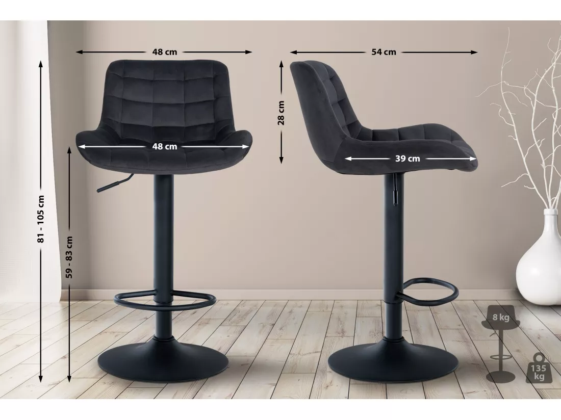 Tabouret de bar - Velours - Noir - Tover