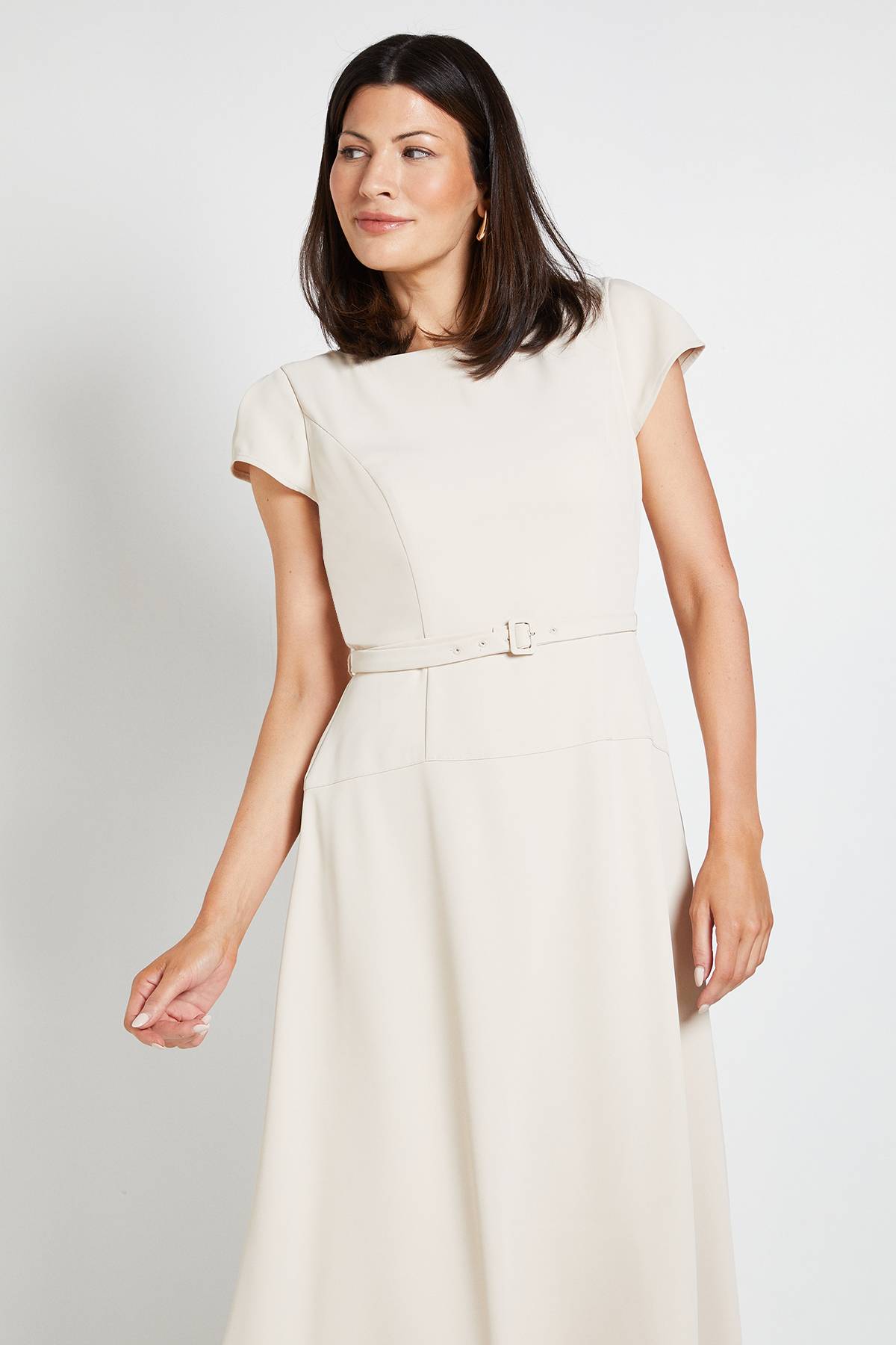 Wallis Robe Midi En Crêpe À Manches Courtes Avec Ceinture