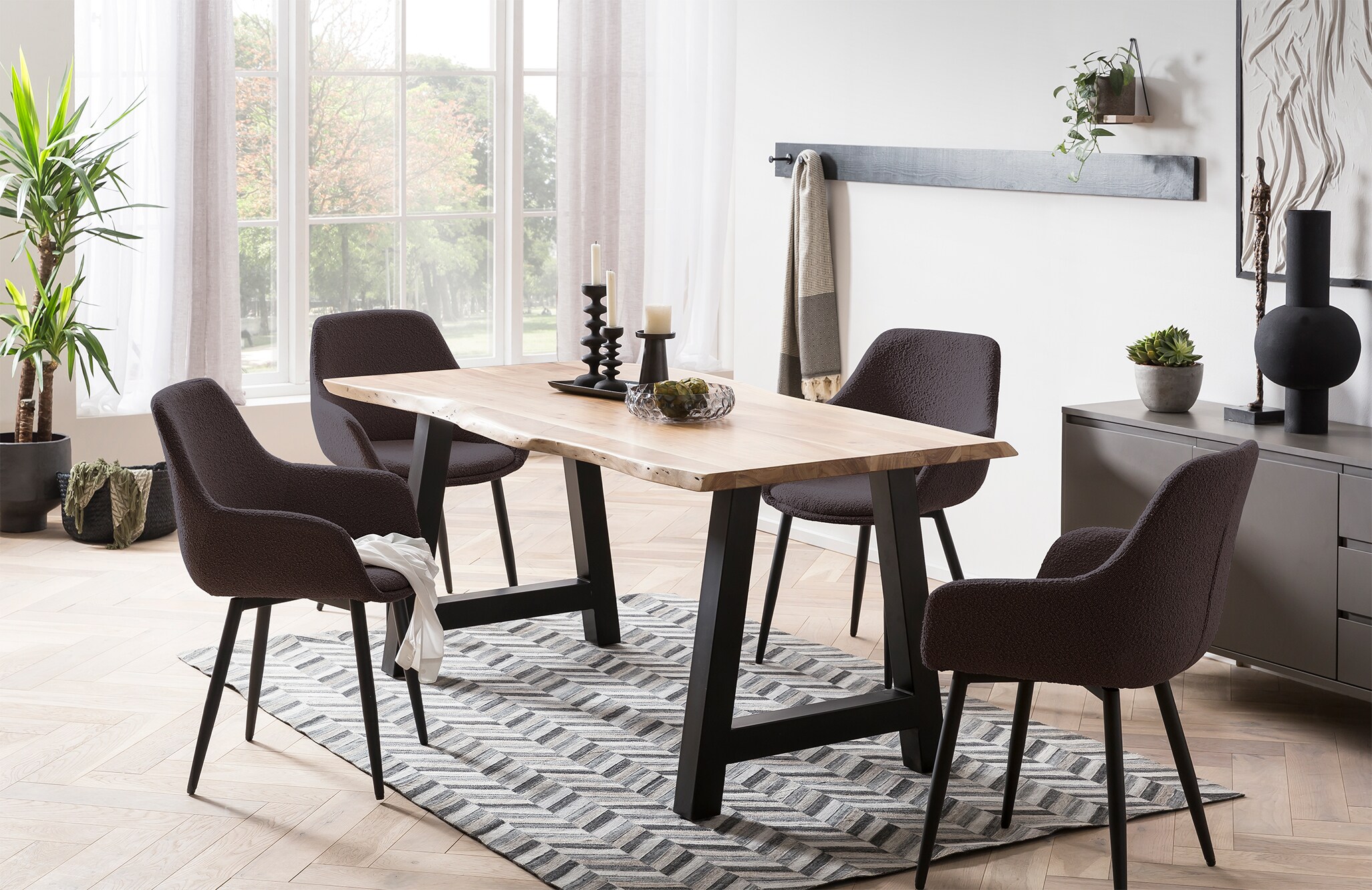 Armlehnstuhl Bouclé Stoff Anthrazit 2er Set Wohnzimmer Küche Esszimmer Stuhl