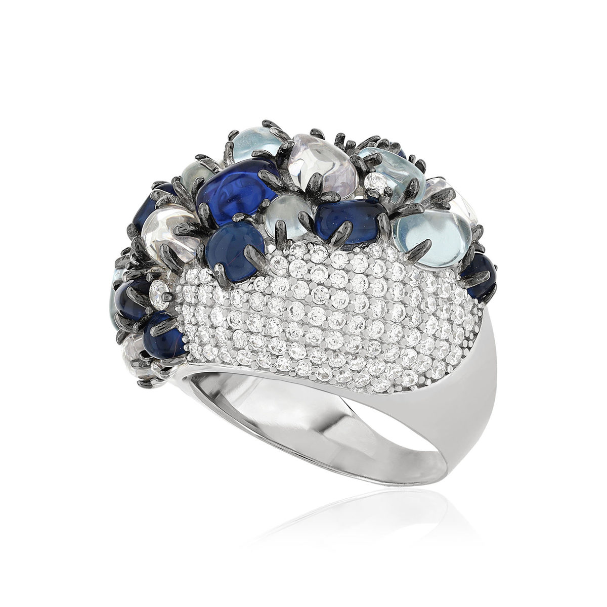 Bague argent 925 et ruthénium noir, pierres imitations bleues, zirconias.