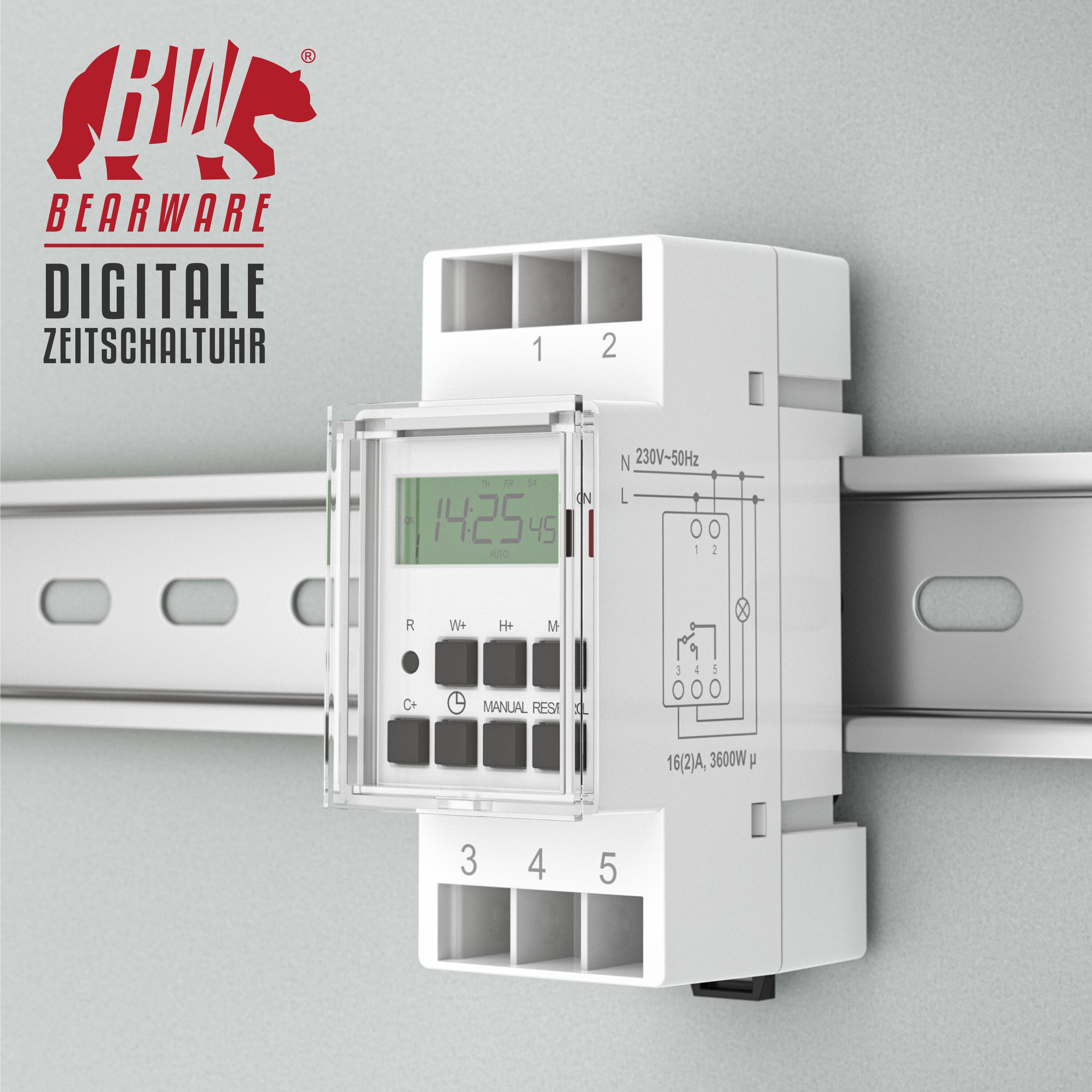 BEARWARE Zeitschaltuhr digital - für DIN Hutschienen im Verteilerschrank Schalttafeln - 2 Klemmen Input, 3 Klemmen Output - 16A/3680W