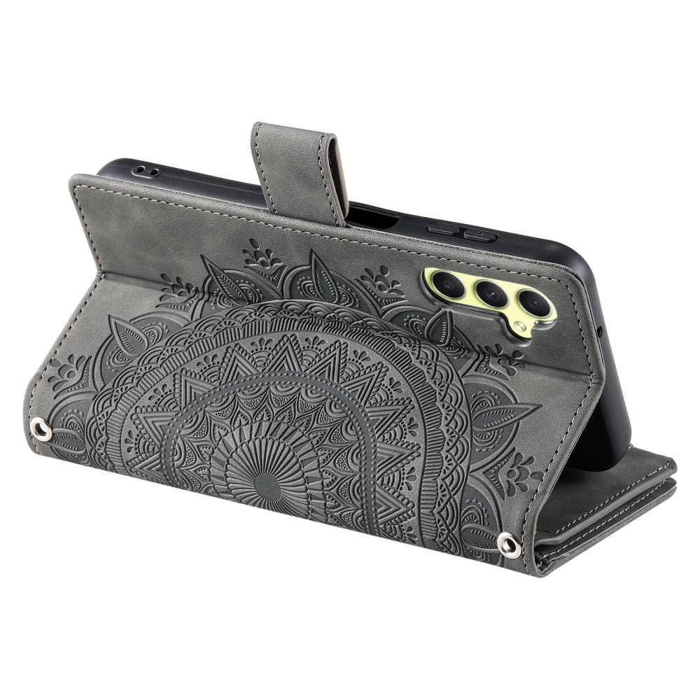 Samsung Galaxy A55 Leder Tasche Flip Cover mit Reissverschluss - Mandala Flowers Imprint - Grau