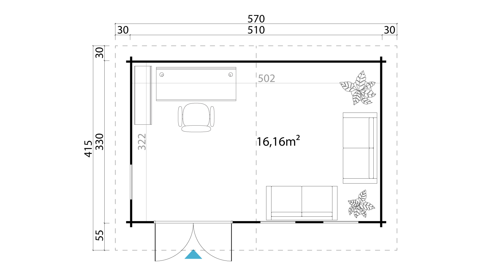 Gartenhaus BARUDA 53 - carbongrau - Fichte massiv - 510x330 cm
