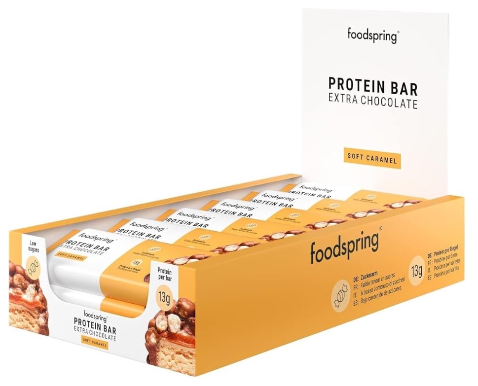 12x Foodspring Protein Bar Extra Chocolate Soft Caramel a`45g= 540g MHD:30.7.25