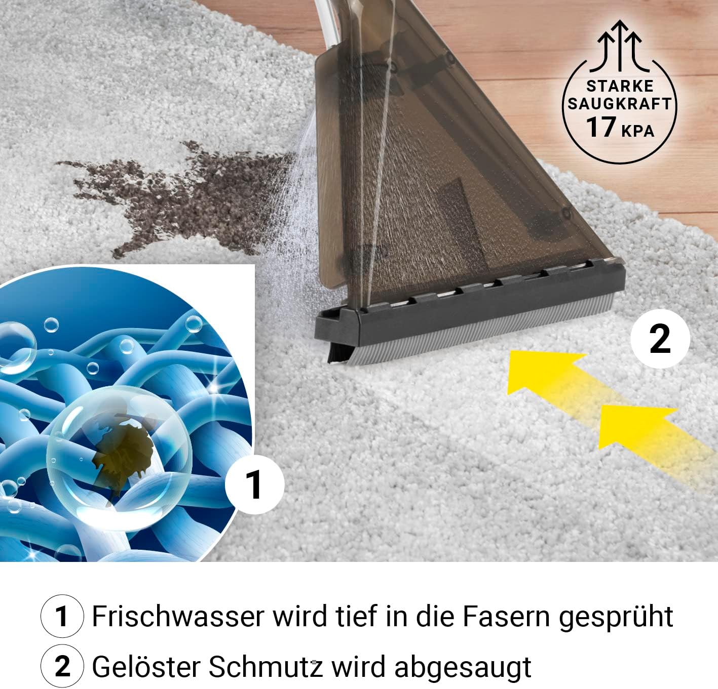 Sprüh- und Waschsauger für hygienische Sauberkeit bis in die Fasertiefe | Inkl. Shampoo | Entfernt hartnäckige Flecken & trocknet schnell | Ideal für Teppiche, Hartböden & Polster [1200 Watt]