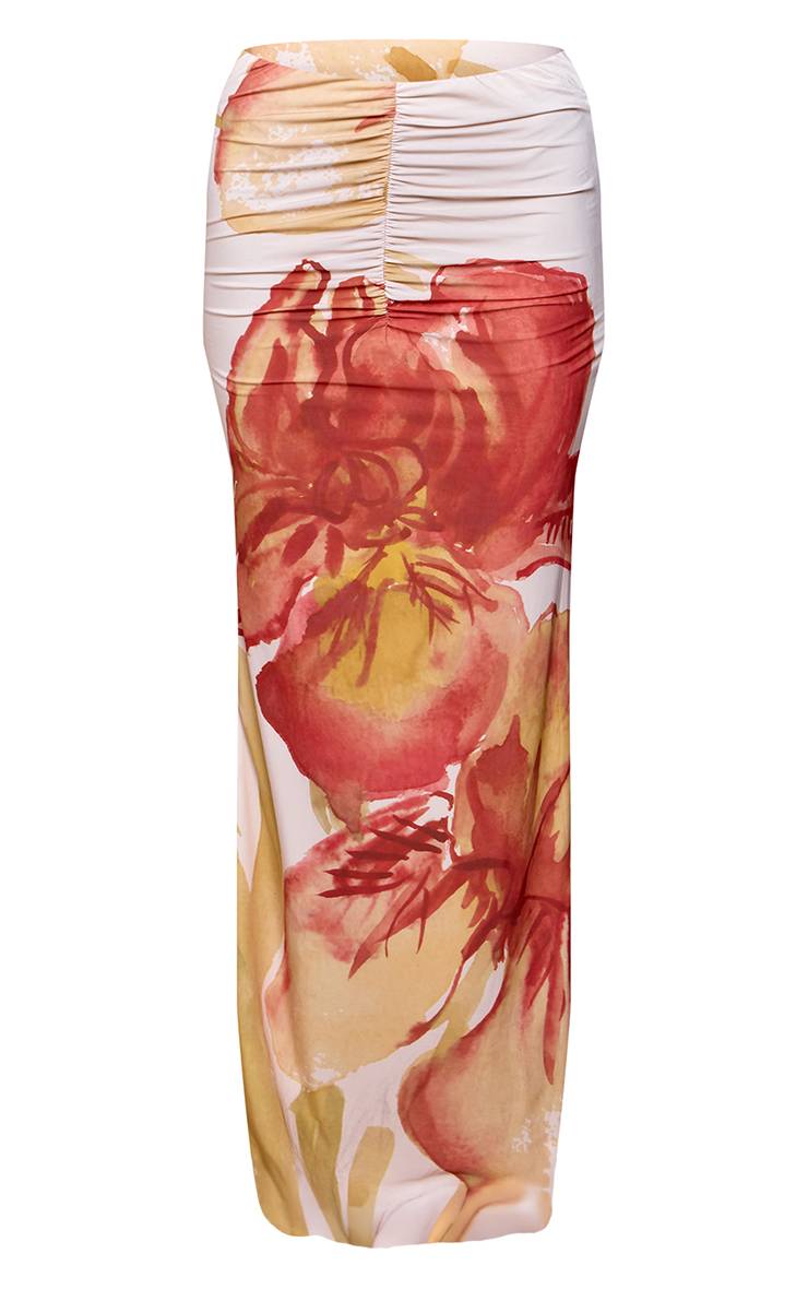 Orange Ensemble Jupe Longue Taille Froncée Toucher Doux Imprimé Fleuri