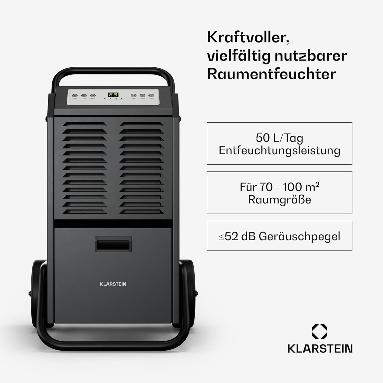 Klarstein DuraDry 50L Luftentfeuchter - Elektrisch, 52 dB, 5,5 L Tank, Auto-Abtau, Waschbarer Filter, 24h Timer, Für Keller & Große Räume bis 80 m², Anthrazit