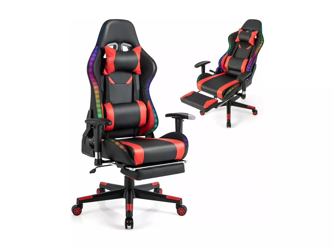 Chaise Gaming RGB/LED, Chaise Gamer Ergonomique avec Soutien Lombaire, Fauteuil Gamer avec Accoudoir Réglable, Appui-tête (Rouge)