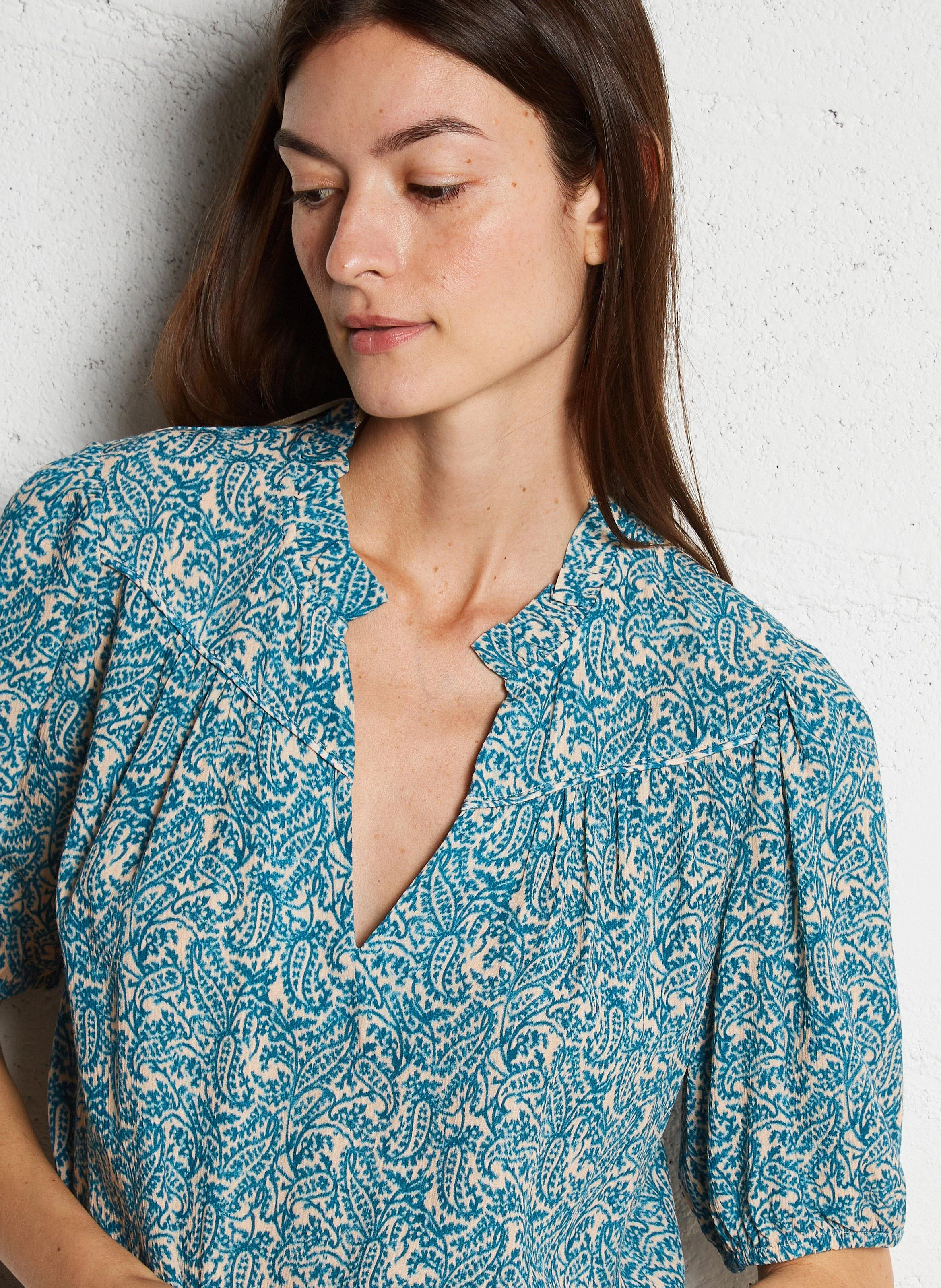 BLUE - Blouse col tunisien droite imprimé | Bleu