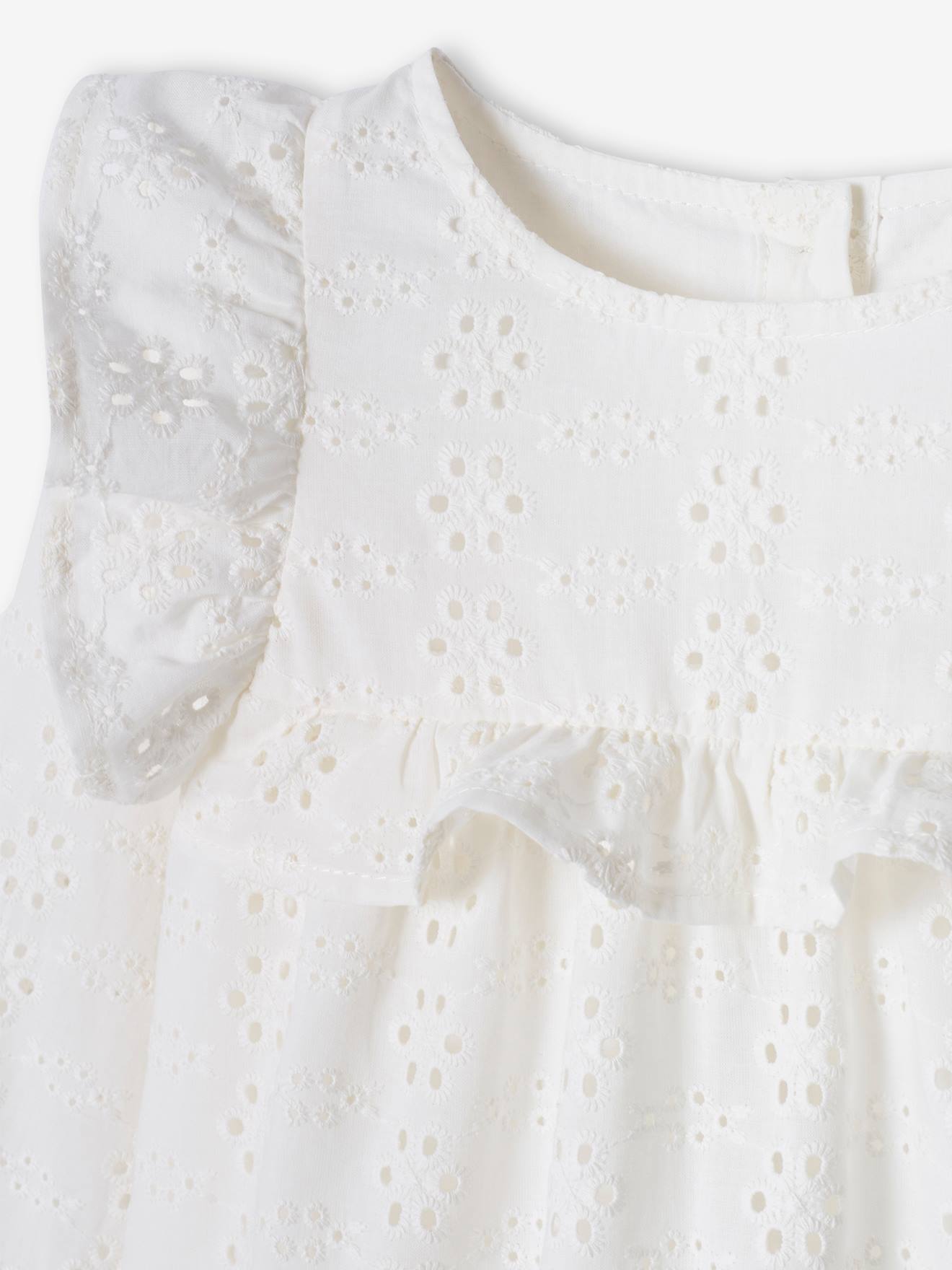 Blusa off-white com babados bordados à inglesa para meninas