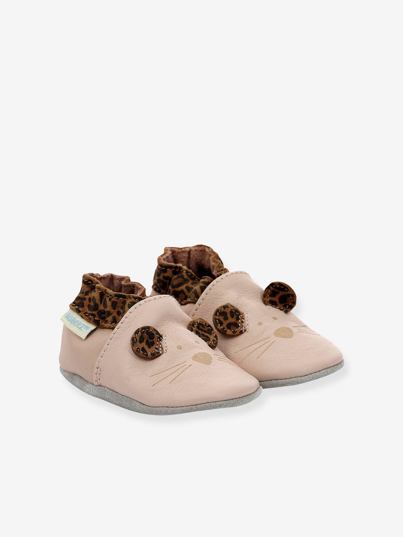 Pantufas de couro leve ROBEEZ© Leo Mouse, rosa bebê