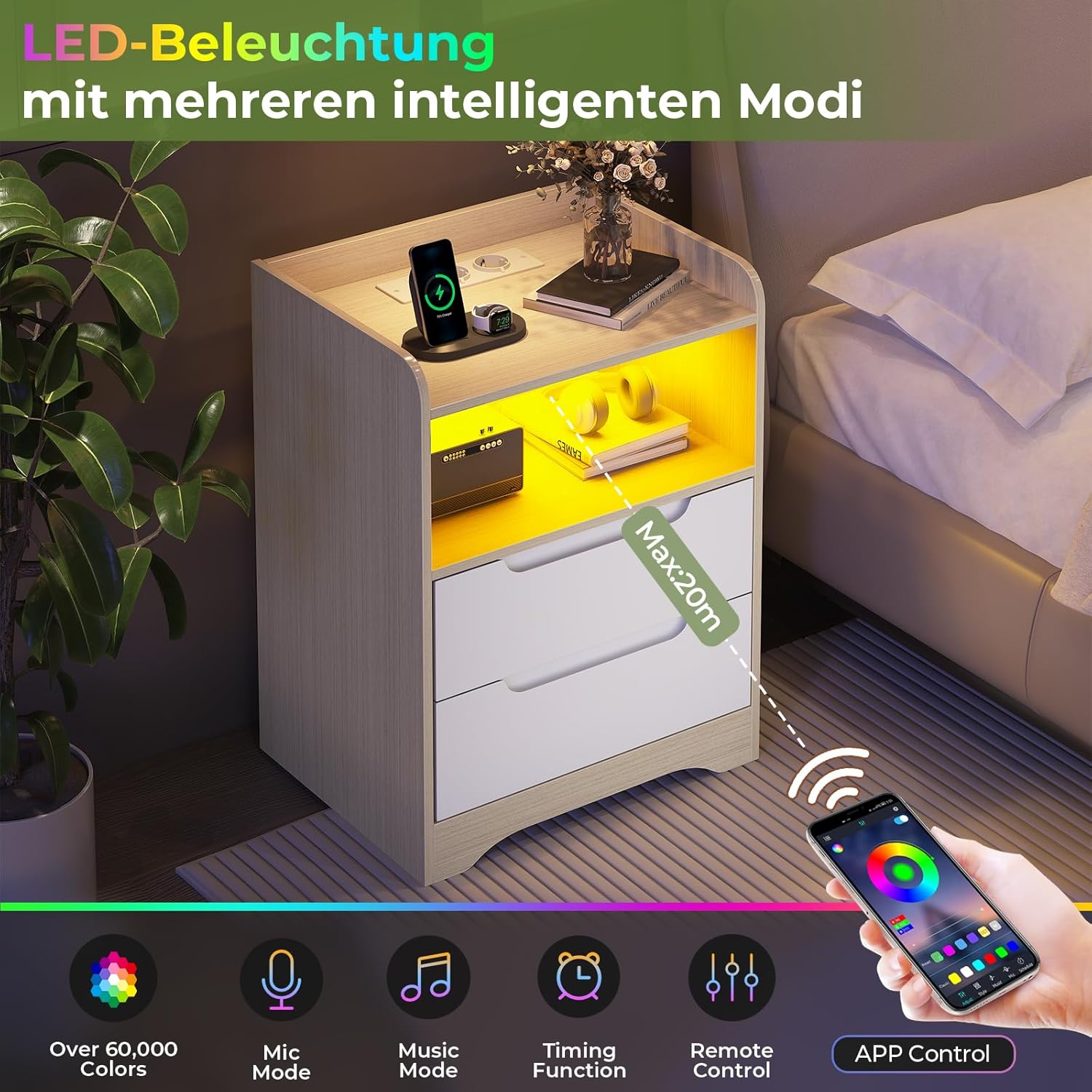 Nachttisch 2er Set mit Ladefunktion und LED-Licht Nachtschrank 2er Set mit 2 Schubladen und 1 Offenes Fach Beistelltisch für Schlafzimmer, Wohnzimmer, Einfache Montage, Modern, Hell Eiche