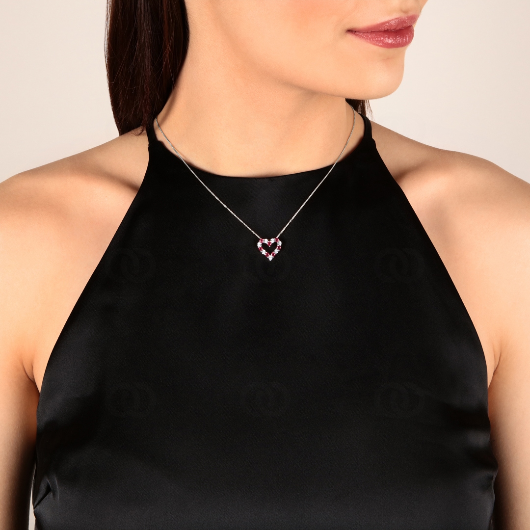 Herzanhänger 750/18 K Weissgold mit Diamanten 0.02 ct H/si & Rubinen