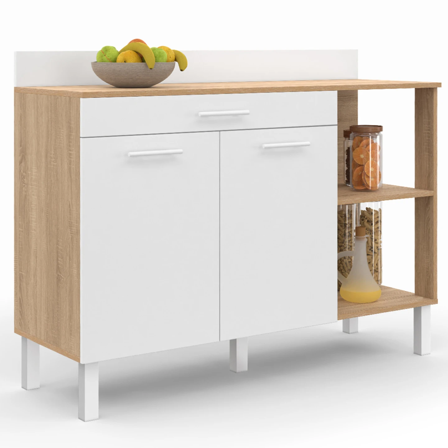Buffet bas de cuisine 120 cm CINA plan de travail H.83 cm 2 portes + tiroir façon hêtre et blanc