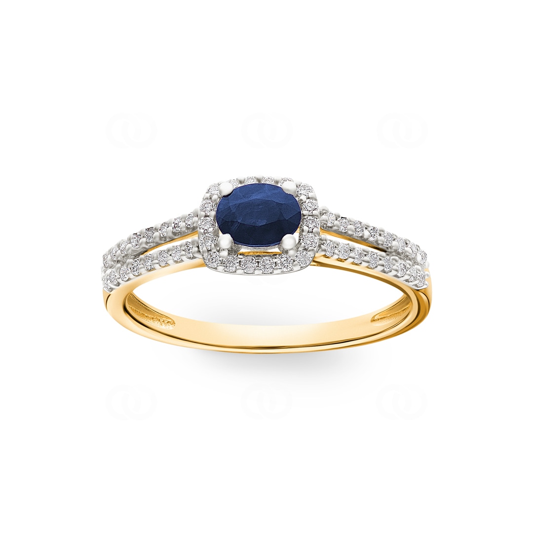 Damenring 750/18 K Gelbgold mit Saphir oval und Diamanten 0.20 ct H/si
