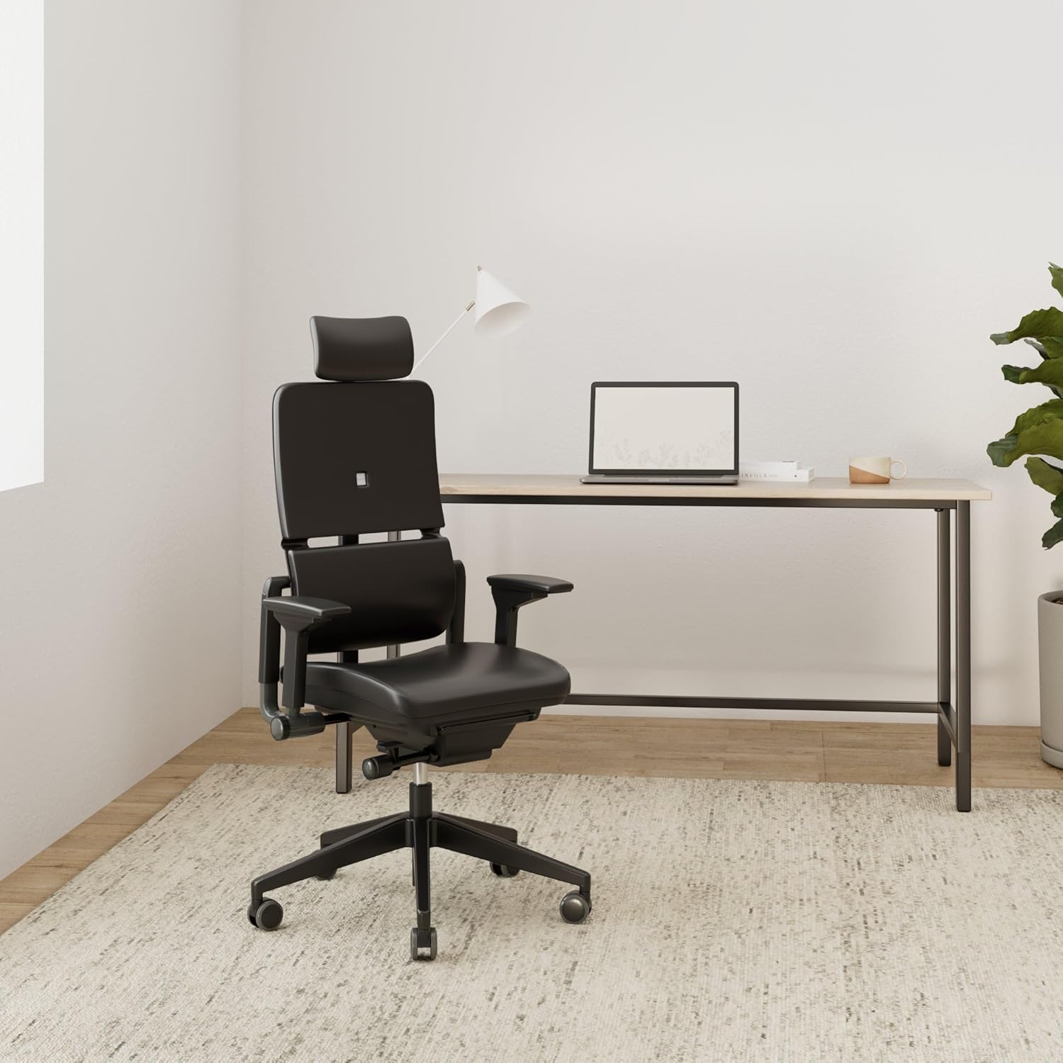 Steelcase Please Ergonomischer Bürodrehstuhl mit höhenverstellbarer Lumbalstütze für Unterstützung den ganzen Tag über, anpassbare Kopfstütze Schwarzes Leder