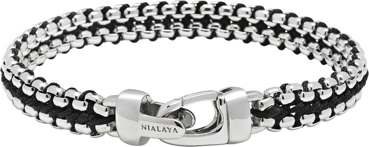 Nialaya Men's Black Woven 8mm Box Chain Bracelet in Silver Black / silver