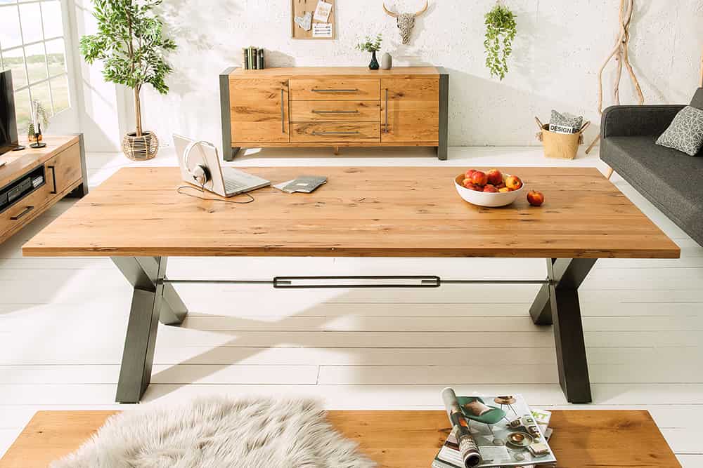 Massivholz Esstisch THOR 240cm natur Wildeiche geölt graues X-Gestell Metall Industrial Design