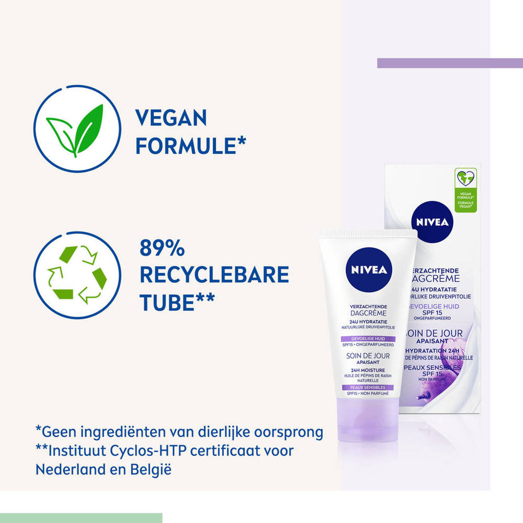 Fijne dagcrème, trekt snel in. Brand niet met op smeren+24h sensitive dagcreme spf15 - 50 ml