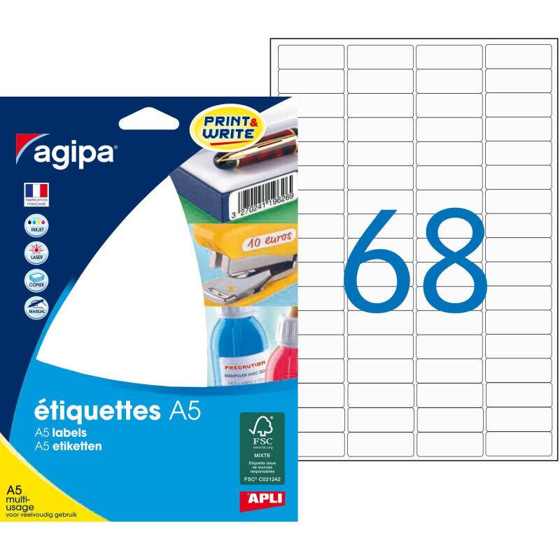 Etiquette adresse multi-usages 11 x 30,5 mm Agipa blanche - Boîte de 1088