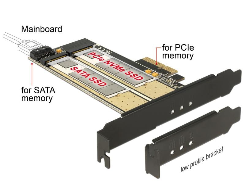 Delock Host Bus Adapter PCI-Ex4 - M.2 1xNVME Key-M, 1xSATA Delock PCI Express x4 Karte > 1 x intern M.2 Key B   1 x intern NVMe M.2 Key M – Low Profile Formfaktor