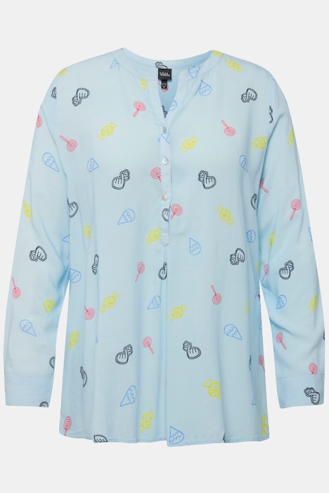 Bluse, Comic-Druck, Stehkragen, V-Ausschnitt, Langarm