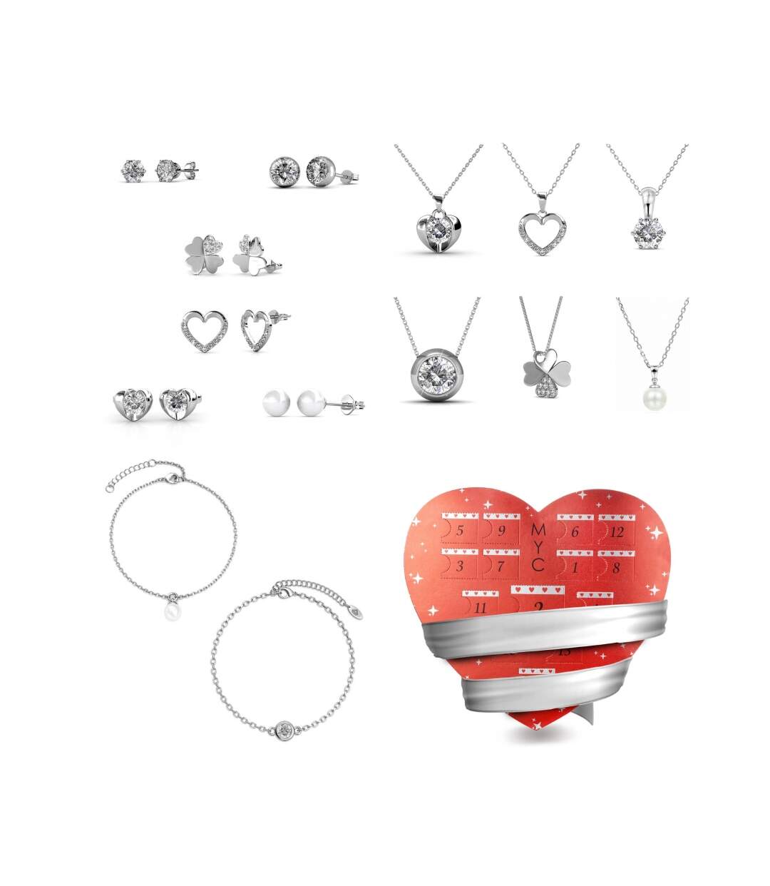 Calendrier de l'avent Coffret cœur - 14 bijoux - Finition argenté -  Argenté et Cristal ou blanc