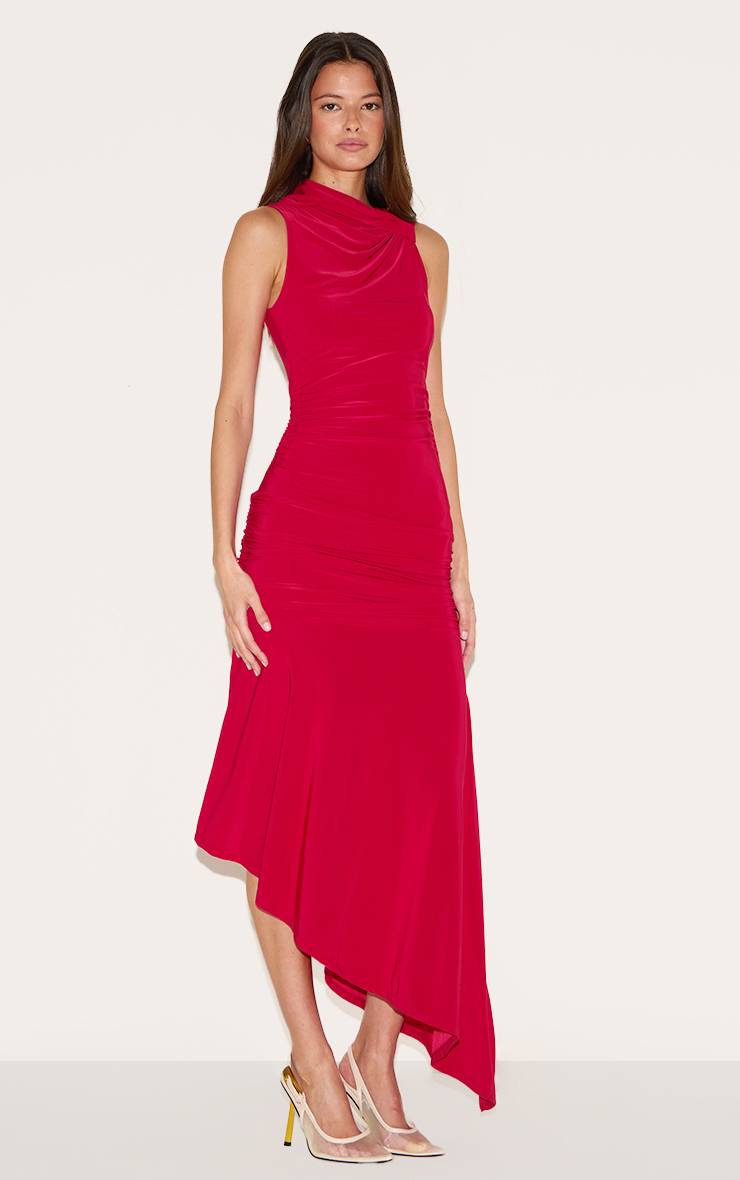 Rouge Robe Mi-longue Asymétrique Froncée En Tissu Soyeux Double Épaisseur