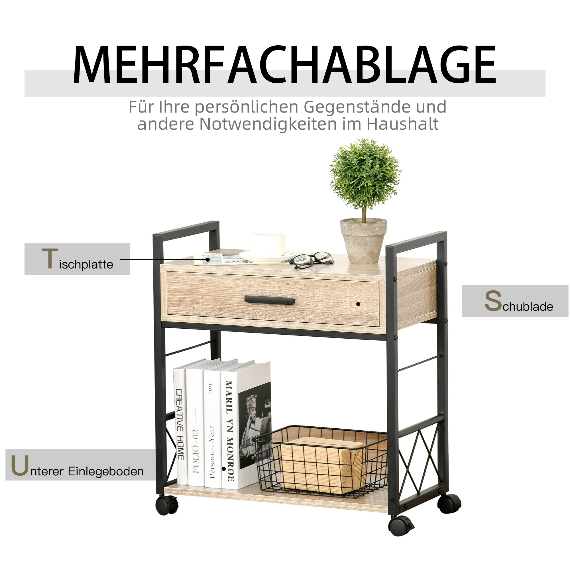 HOMCOM Mobiler Beistelltisch mit Schublade 60 x 30 x 65 cm (BxTxH)