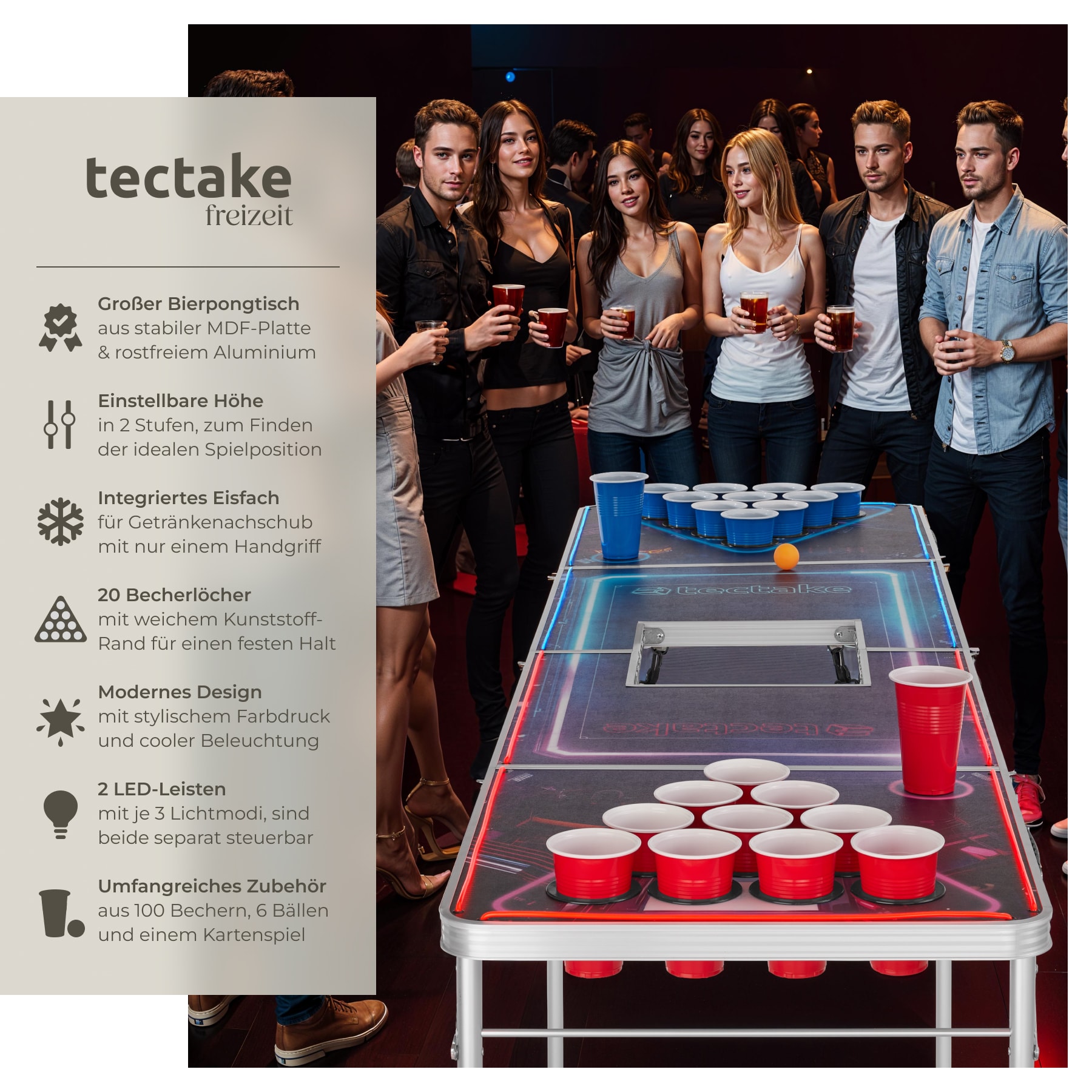 tectake® Bierpongtisch, aus Aluminium, mit Eisfach, Becherlöchern, LED-Beleuchtung, bodenschonende Kunststofffüße, inklusive 100 Bechern, 6 Bällen und Kartentrinkspiel