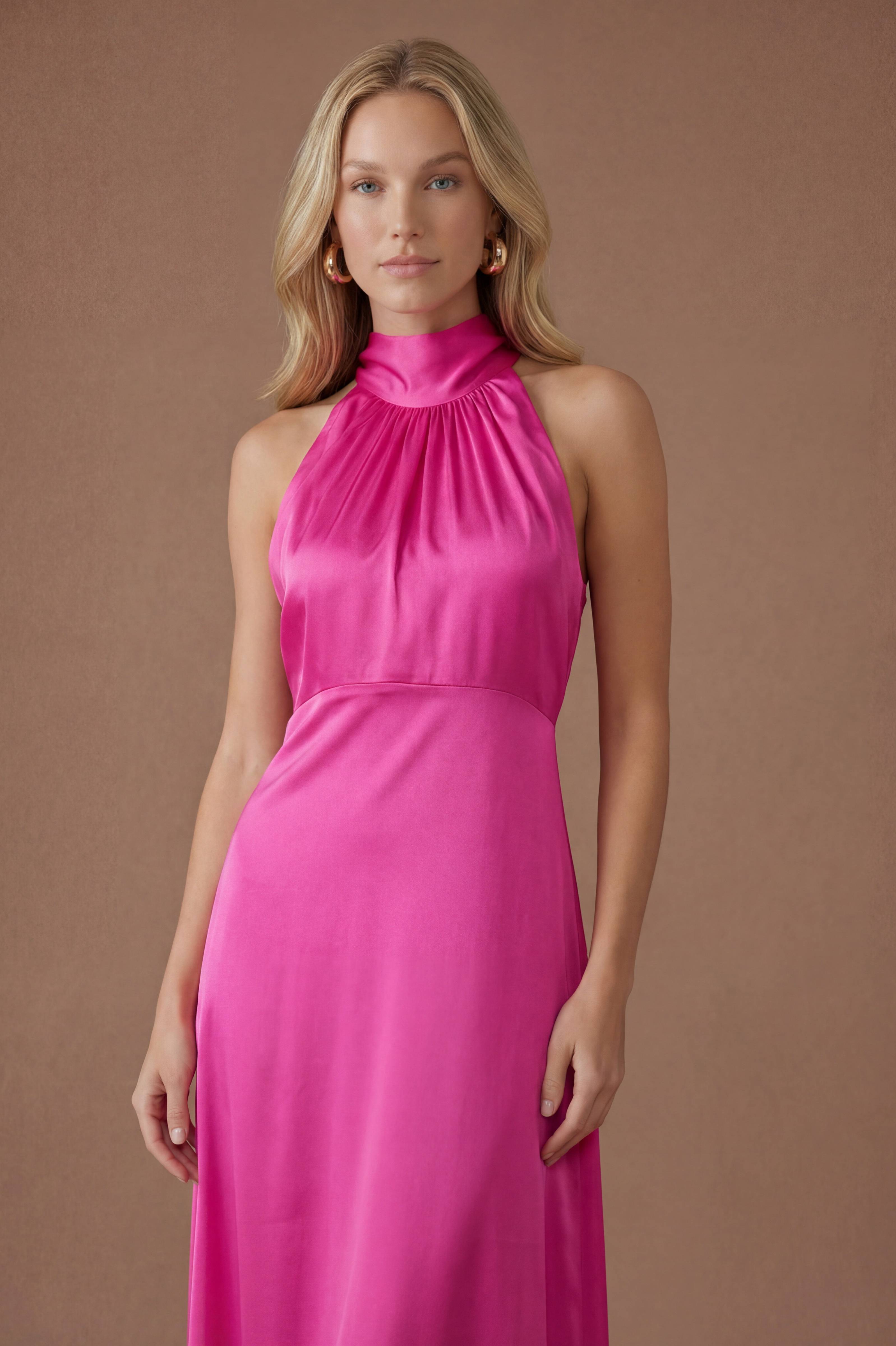 Oasis Robe Longue De Demoiselle D'honneur Rose Vif En Satin Avec Col Licou