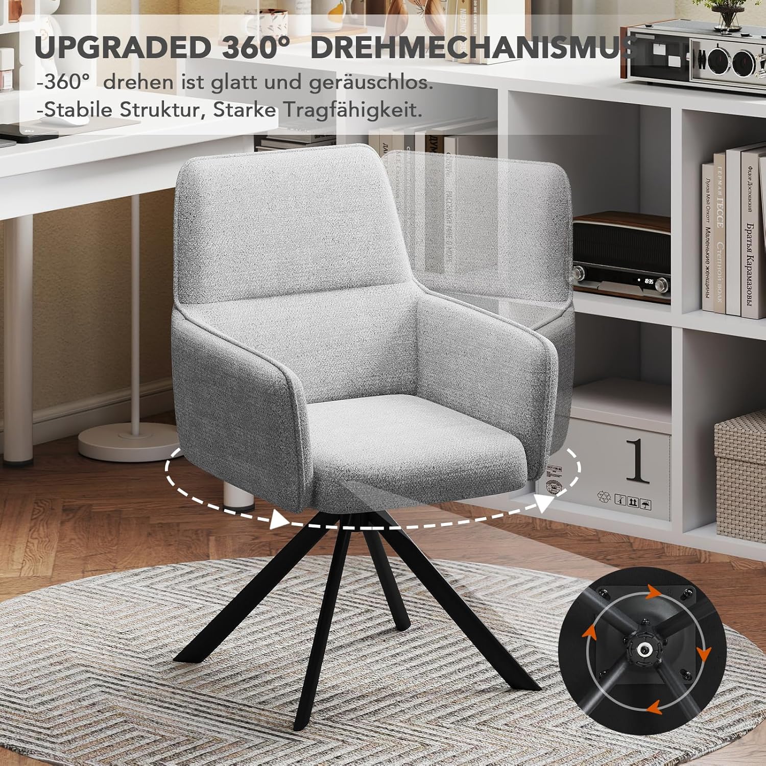 Esszimmerstühle Drehbar mit Armlehne 2er Set, 360°Drehbar Polsterstuhl Küchenstuhl aus Chenille, Stühle Esszimmer Schminkstuhl mit Metallbeine für Esszimmer Küche Schlafzimmer, Hellgrau